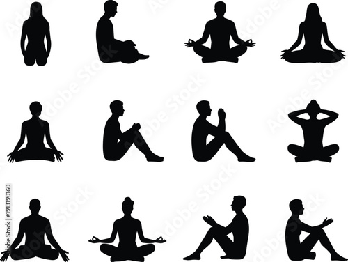 Yoga and meditation silhouette collection featuring men and women in lotus pose and seated mindfulness positions isolated on white background for wellness design projects