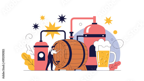 Traditional beer brewing process at a brewery shows a worker near large barrels and fermentation tanks with a glass of frothy ale.