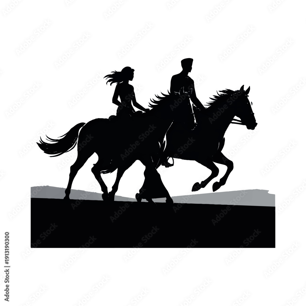 Fototapeta premium Silhouetted couple riding horse together in dynamic motion
