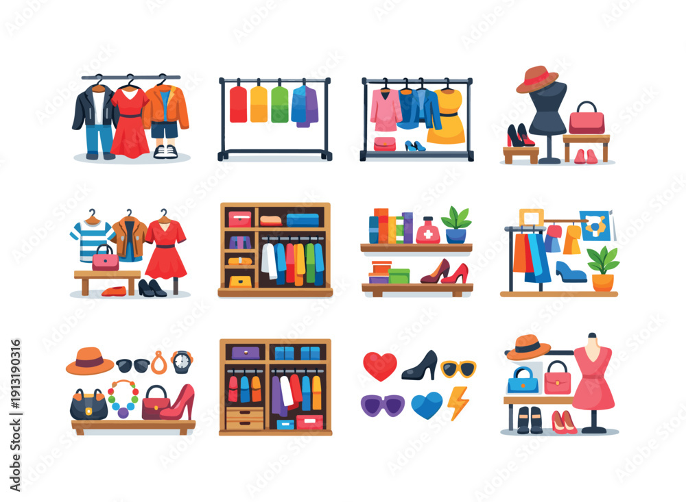 Fototapeta premium Personal Style Zone. Colorful flat vector icons set of Personal Style Zone: signature outfits, favorite colors rack, styled clothing section,