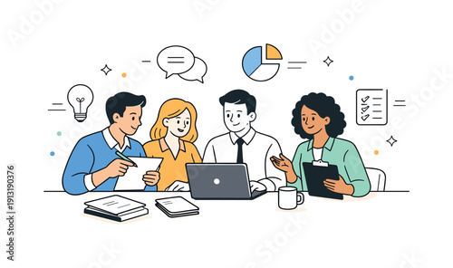 Gender equality at work. A mixed-gender team collaborating around a table, reviewing documents and sharing responsibilities equally. The mood