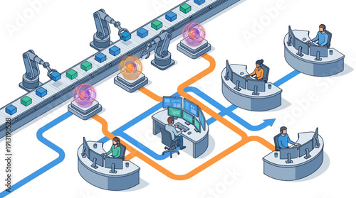 Isometric Contact Center SaaS Illustration Showing Automated Customer Support Workflow with Robotic Arms and Help Desk Agents, Digital Transformation and AI Call Center Management Concept
