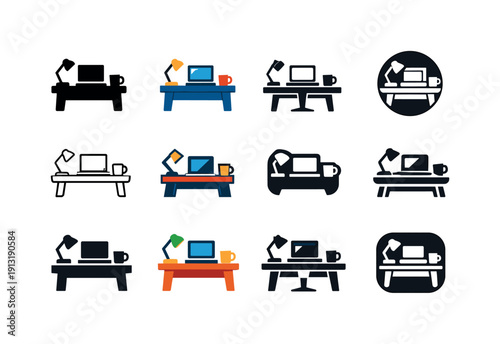 Freelancing. Icon set. Set Logo of Freelancing: remote workspace desk. harmonious logo variations of the same emblematic concept, each with