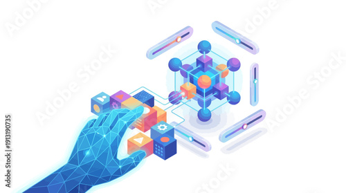 Isometric AI Hand Managing Contact Center SaaS Platform, Customer Support Automation and Data Management Concept with Futuristic UI Elements on White Background