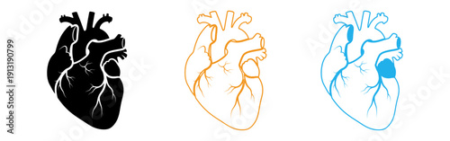 Three colored heart icons in black, orange, and blue, isolated on transparent background