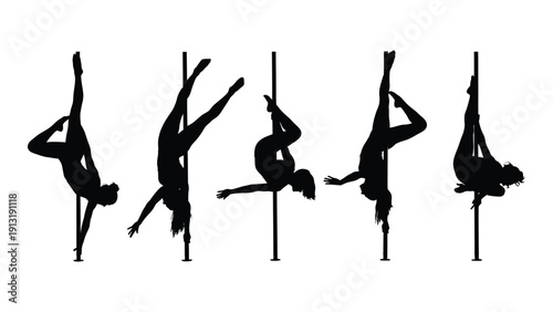 Silhouettes of acrobats performing aerial feats on vertical poles isolated on white background, Vector