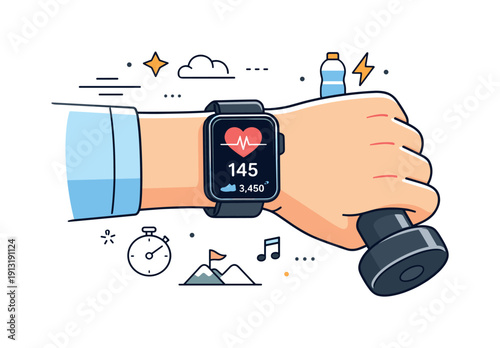 Fitness performance monitoring. Close-up editorial scene of a wrist with a heart rate monitor during exercise. Balance of technology and