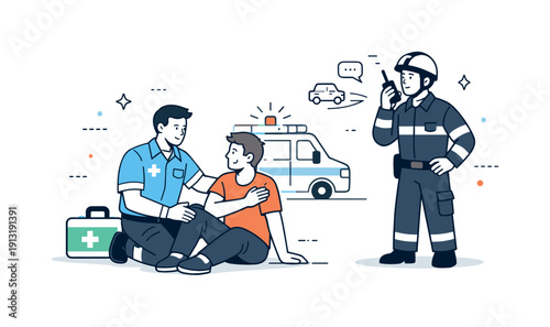 First responders at the scene of an accident or disaster. A paramedic calmly assisting a person while another responder communicates via