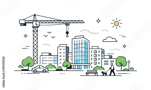 A construction crane over a developing city district, representing growth and change. A serene final scene showing a nearly completed urban