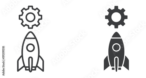 Set of rocket ship and cogwheel symbols for business startup and technical engineering concepts