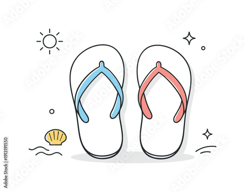 Minimal Flip Flops Art. Minimal flip flops composition. Stylized flip flops with smooth curves and simple straps. Relaxed beach feeling, clean and modern