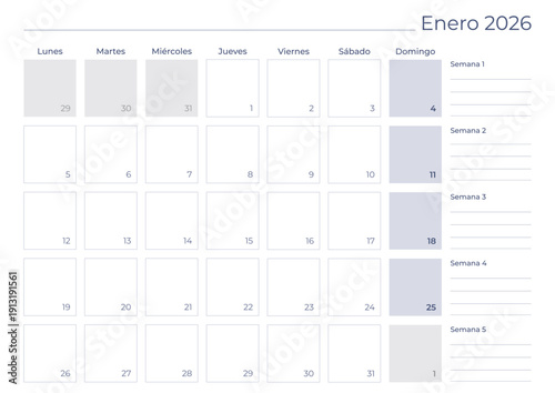 January Month Year 2026 Spanish Vector Illustration for Calendar and Planner Design