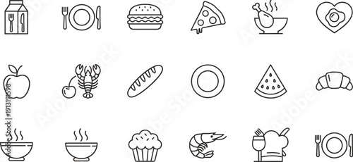  Minimalist Line Art Food Icons Vector Set with Burger Pizza Seafood Fruit Breakfast Milk Croissant Shrimp Bowl for Menu Restaurant Nutrition and Meal Illustrations
