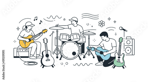 Spring festival sound check moments. Band members tuning instruments together, guitars and drums arranged neatly, calm collaboration and