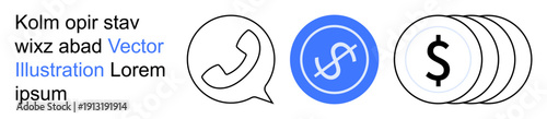 Financial transactions, banking, global communication, currency exchange, online payments, economic systems. Phone icon, dollar symbol and coins . Financial transactions and communication concepts