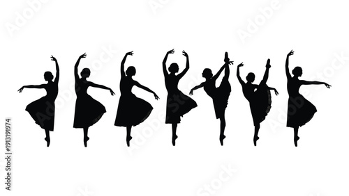 A group of ballerinas dancing in a line with their arms raised high isolated on white background, Vector