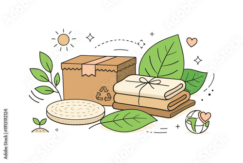 Inspirational design with ecology materials trend. Eco-friendly materials like cardboard, fabric, and leaves forming a balanced composition.