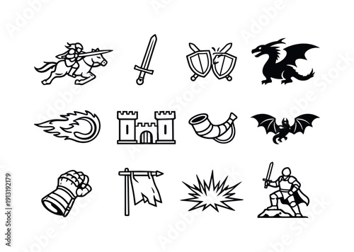 Medieval fantasy battle scene. Line icon set of Medieval fantasy battle scene: charging knight, raised sword, shield clash, dragon