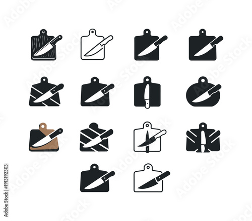 cooking for beginners. Icon set. Set Logo of cooking for beginners: cutting board with knife. harmonious logo variations of the