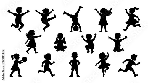 Children playing and jumping silhouettes set
