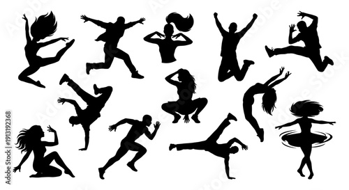 Set of people dancing and moving in dynamic poses