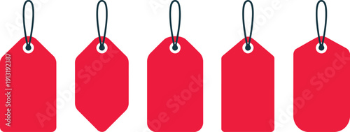 Diverse collection of five blank red price tags with varied shapes ready for sales announcements