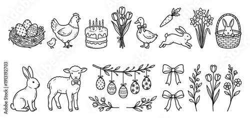 Easter line art elements set including lamb, hen, and cake