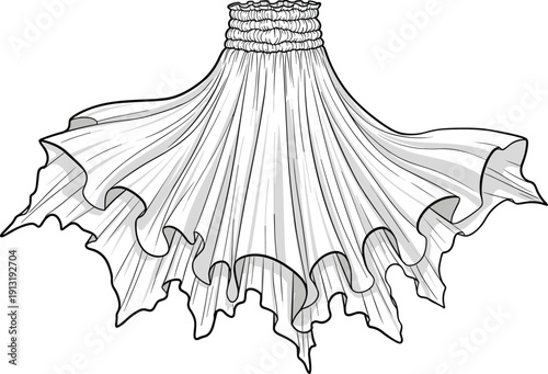 White pleated handkerchief hem skirt vector illustration with smocked waistband, flared flowing fabric, jagged edges, fashion sketch silhouette, and isolated background.
