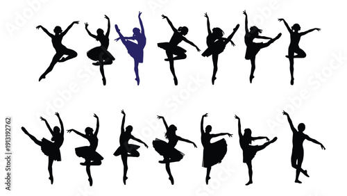 Group of ballerinas performing various dance poses in silhouette isolated on white background, Vector