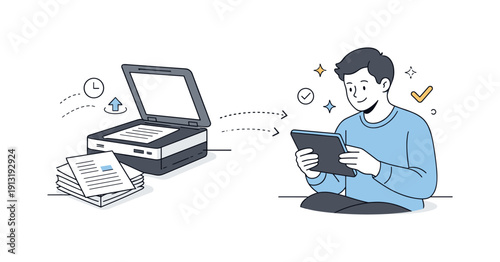 Paper to digital. A person reviewing scanned pages on a tablet while documents rest beside a scanner, expressing accuracy and modern document