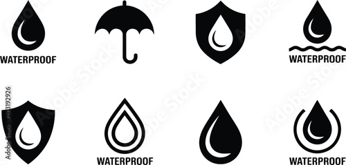 Diverse set of black waterproof icons showcasing water drops, an umbrella, and protective shields