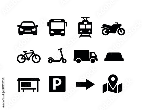Street Transport. Solid icon set of Street Transport: car front, bus front, tram, motorcycle, bicycle, electric scooter, delivery truck, taxi