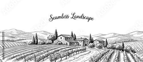 Tuscany vineyard seamless landscape in vintage engraving style