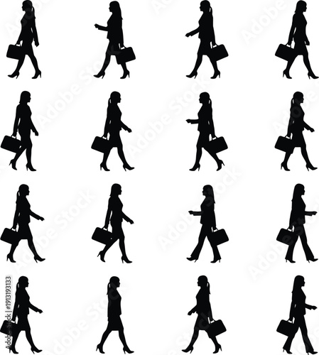 Businesswoman Silhouette Collection Walking with Briefcase for Career and Success Concept