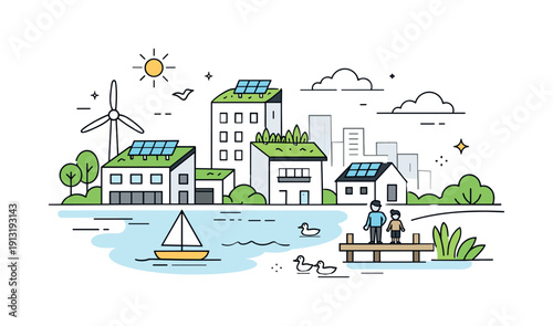 Sustainable waterfront development. Buildings with green roofs and solar panels placed near water, nature and city elements harmonized.