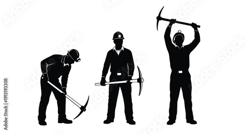 Coal miners silhouette illustration, cad drawing flat vector showing industrial workers with pickaxe in different poses isolated on gray background