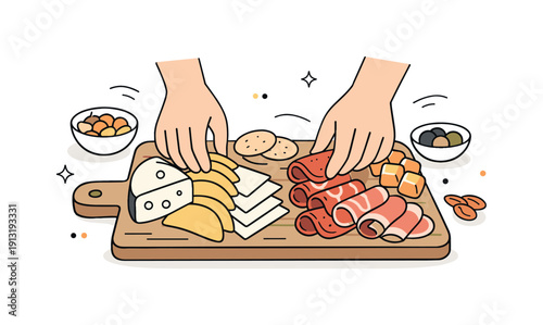 A person preparing a charcuterie board with a variety of meats and cheeses. Hands carefully arranging sliced cheese and cured meats on a
