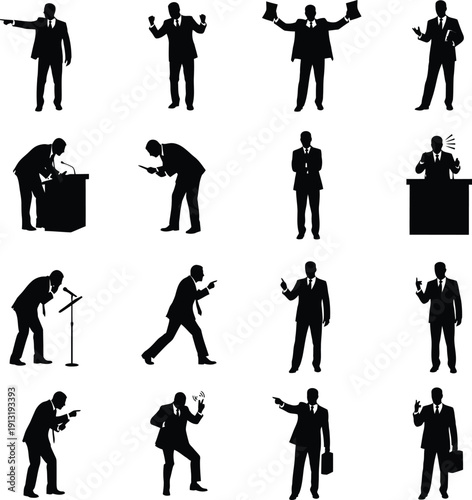 Angry Businessman Silhouettes Aggressive Boss Conflict Argument and Workplace Harassment Set