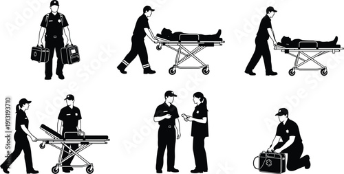 Paramedic emergency response silhouette set, ambulance workers with stretcher isolated on white background, cad drawing flat vector illustration