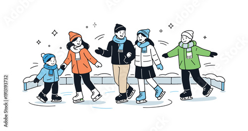Outdoor ice rink activity. A small group of people skating casually, friendly interaction and shared winter fun. Clean editorial scene with