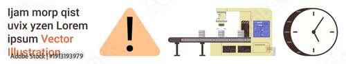 Time management, workplace safety, industrial production, efficiency monitoring, factory operation, caution. Conveyor belt with warning icon and clock. Time management and workplace safety concept