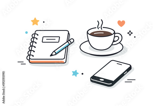 Minimalist Desk Setup. Soft shadow objects. Minimal desk items like a notebook, cup, and phone resting quietly with soft shadows creating a sense of space and