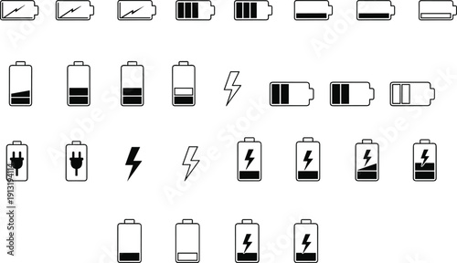 Battery charge level icons set with lightning bolt symbols, charging status indicators and power plug signs, outline vector collection isolated on white background