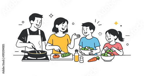 Preparing meals together. A family happily cooking a simple dish, exchanging smiles and gestures, creating a warm and balanced home