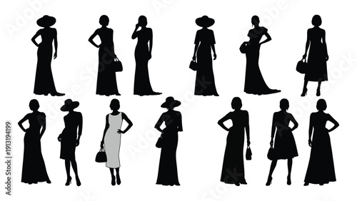 Elegant silhouettes of women in various fashion styles and poses isolated on white background, Vector