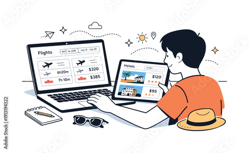 Summer travel planning. Traveler comparing flight options and accommodation on a laptop and tablet. Focused digital planning scene with clean