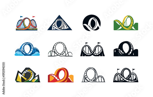 Carnival Ride Logos. Carnival rides. Icon set. Set Logo of carnival rides: roller coaster loop. harmonious logo variations of the same emblematic concept, each