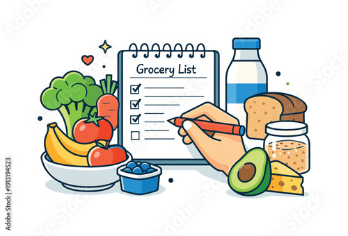 Planning meals and grocery shopping for the week a focused moment of writing a grocery list beside fresh ingredients, conveying balance,