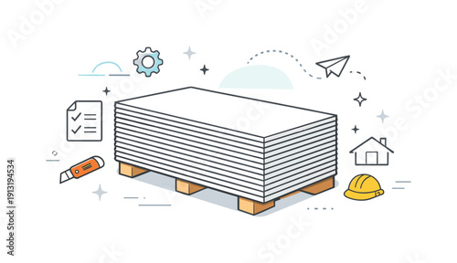 Construction Material Arrangement. Building materials stack. Drywall sheets arranged in a stable pile, emphasizing construction preparation. Soft abstract