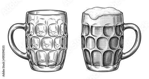 Dimpled beer mugs set in vintage engraving style